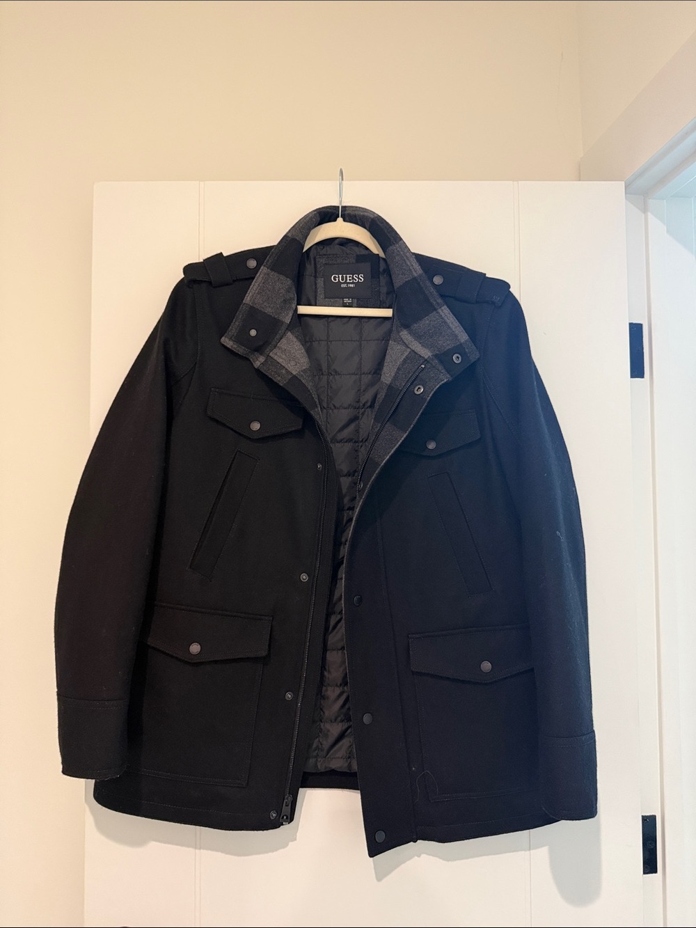 GUESS Black Men’s Military Field Jacket with Plaid Collar